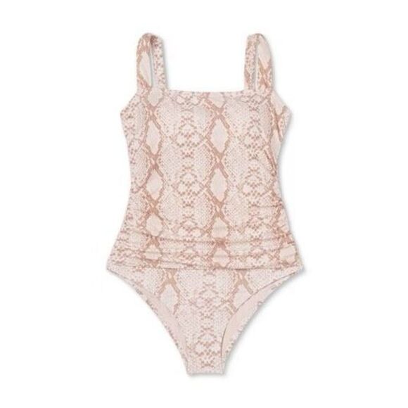 Kona Sol Size M Square Neck On Piece Swimsuit Snake Print Tummy Control Neutral - Picture 2 of 7